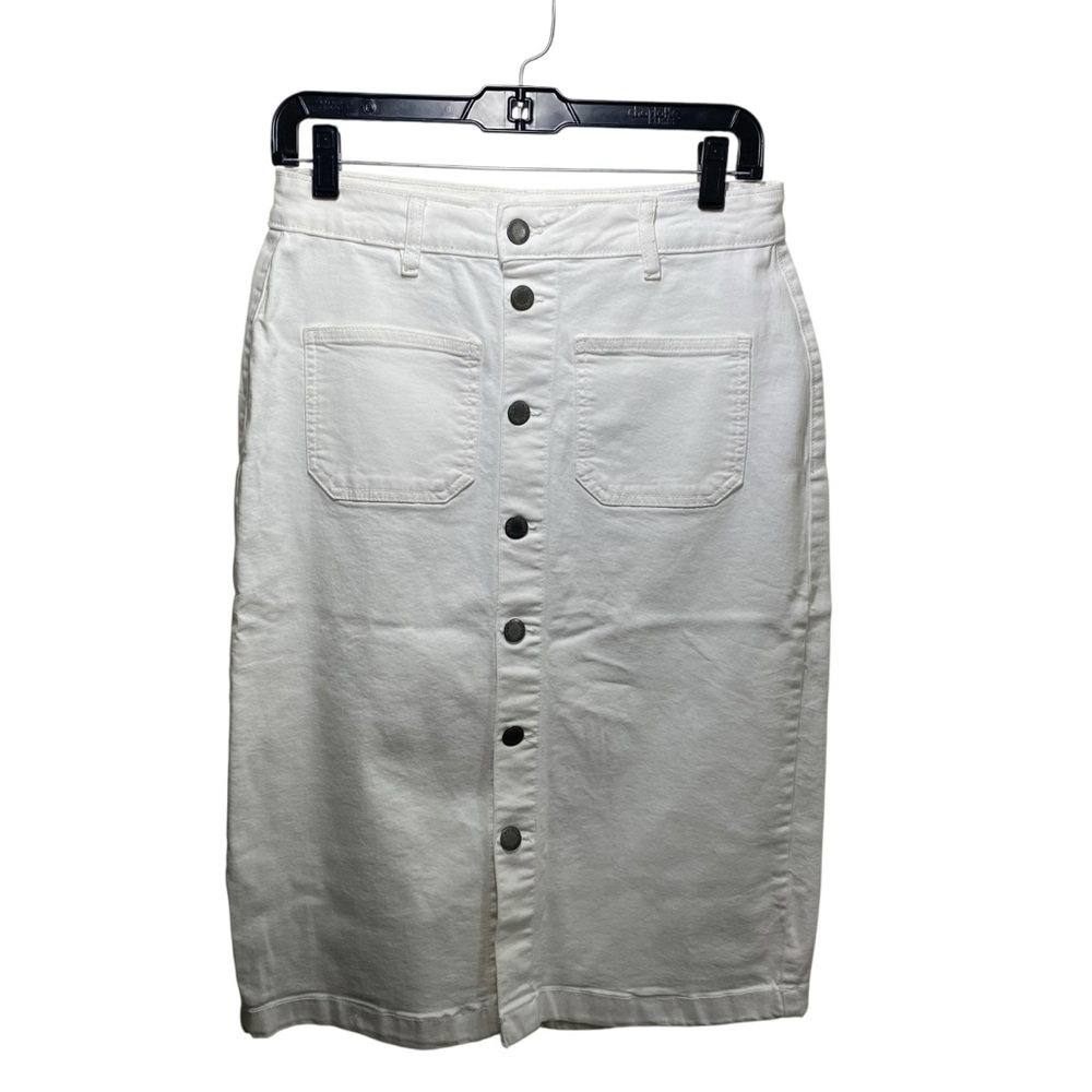 Utility Preppy Nautical Denim Skirt Button Front Midi Skirt 6/28 White Pockets